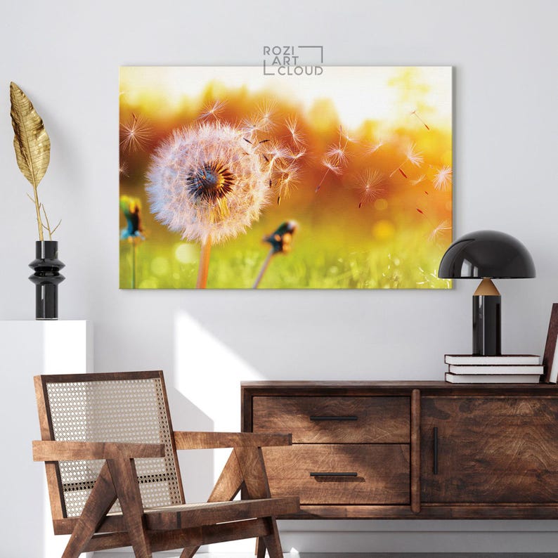 Dandelion flower wall art, flower canvas print, nature wall decor, green landscape artwork