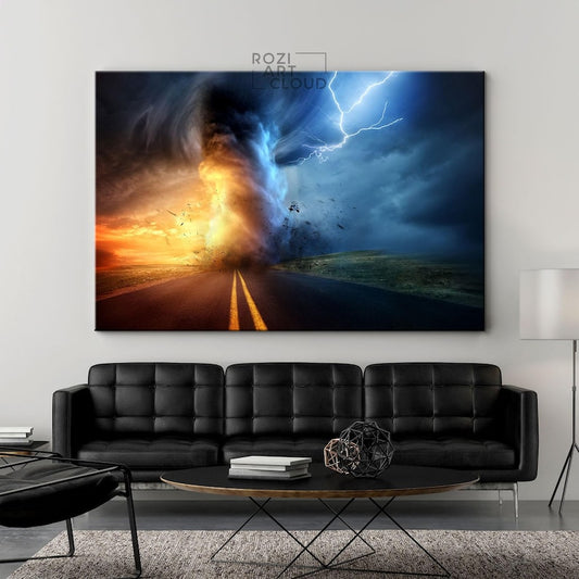 Thunder storm wall art, tornado art print, sunset wall decor, nature canvas print, road artwork decor