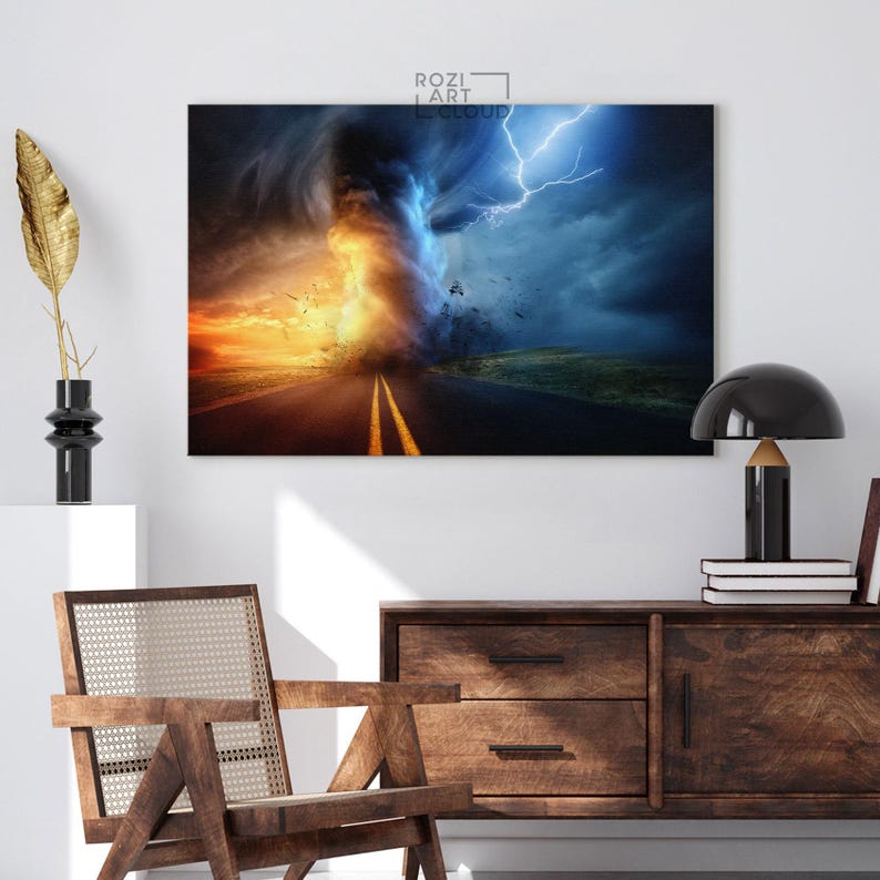 Thunder storm wall art, tornado art print, sunset wall decor, nature canvas print, road artwork decor