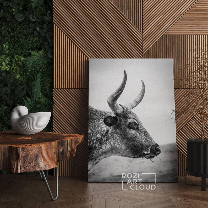 Longhorn cattle canvas print, affordable farmhouse decor, animal wall art, black and white canvas, nature art prints, cow canvas