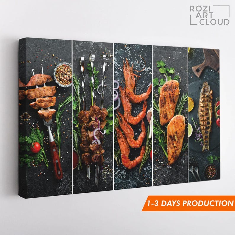 Kitchen wall art, Food art decor, seafoods poster canvas, cooking art printables, moms gift