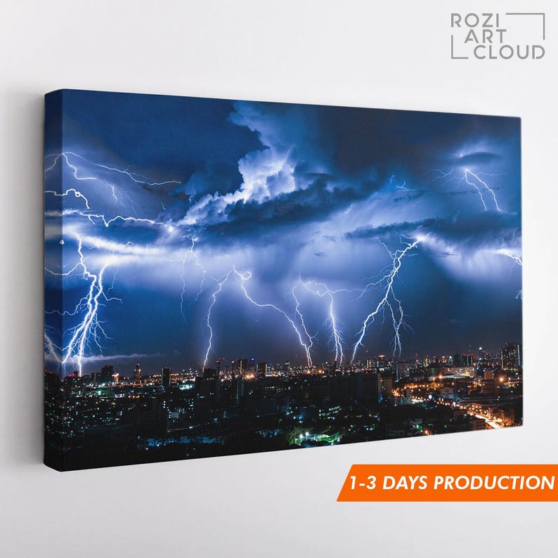 Thunder canvas print, city wall art, night city poster print, cityscape decor, clouds artwork