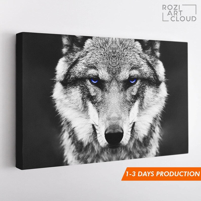 Wolf portrait art, animal wall print, black and white art, farm decor, wild animal canvas print