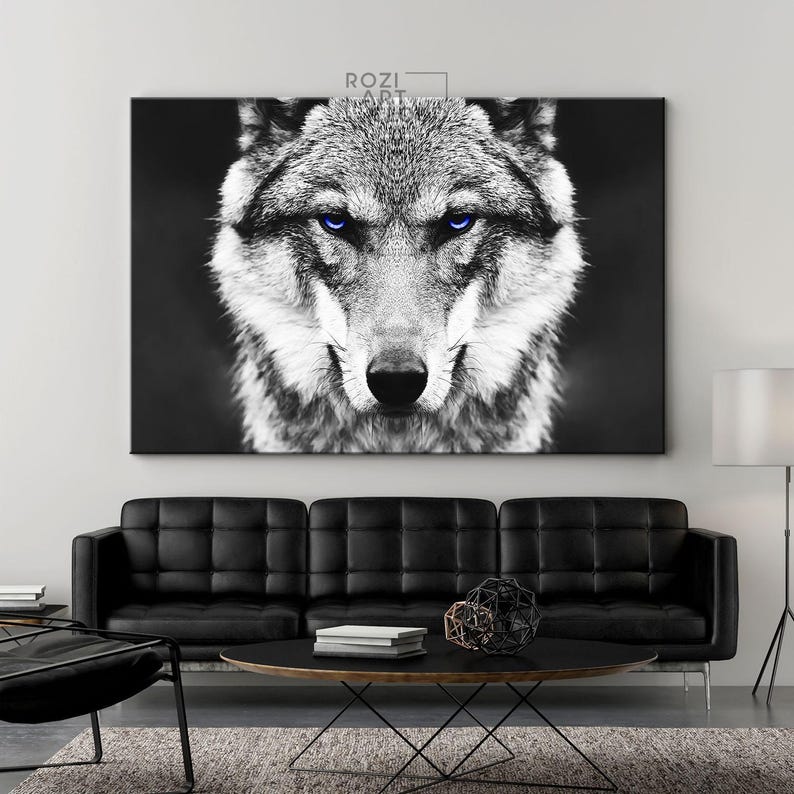 Wolf portrait art, animal wall print, black and white art, farm decor, wild animal canvas print