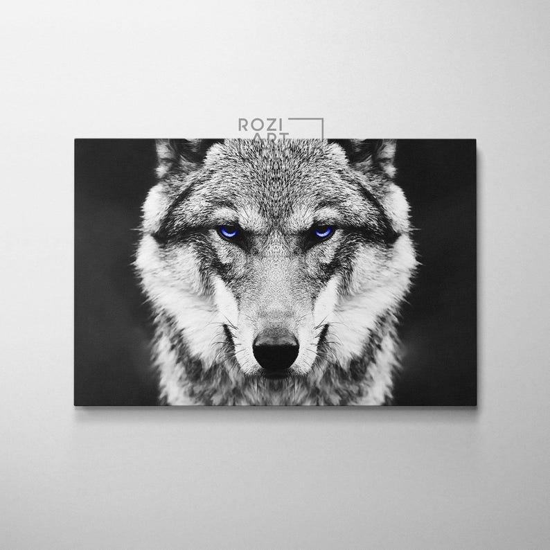Wolf portrait art, animal wall print, black and white art, farm decor, wild animal canvas print