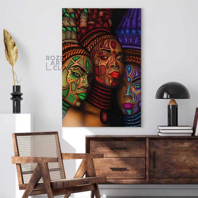 African american wall art decor, black woman portrait canvas print, large framed poster, fashion girl artwork home & office