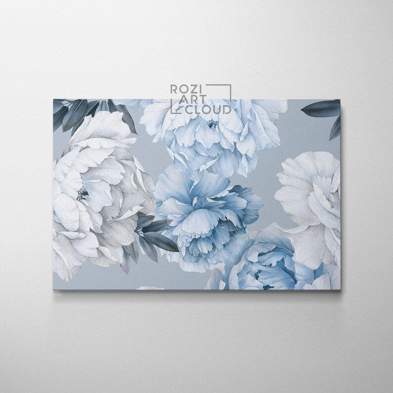 Blue and white floral wall art, botanical art prints, artwork for living room, flowers poster prints, large modern art, home gifts