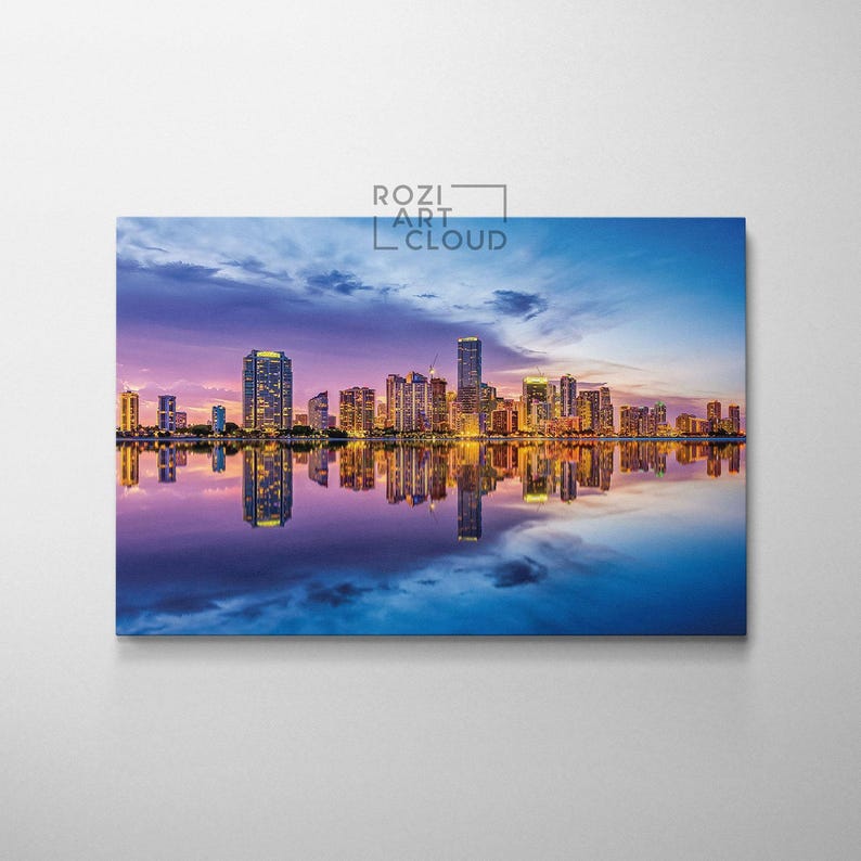 Miami florida skyline wall art, travel poster decor, panoramic canvas print, sunset view art, miami canvas art, florida wall art