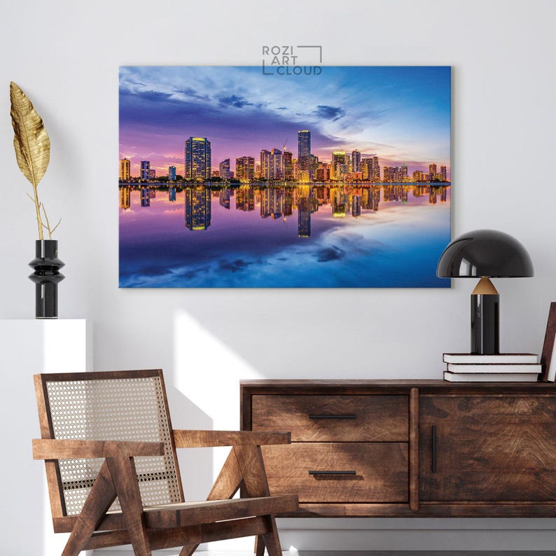 Miami florida skyline wall art, travel poster decor, panoramic canvas print, sunset view art, miami canvas art, florida wall art