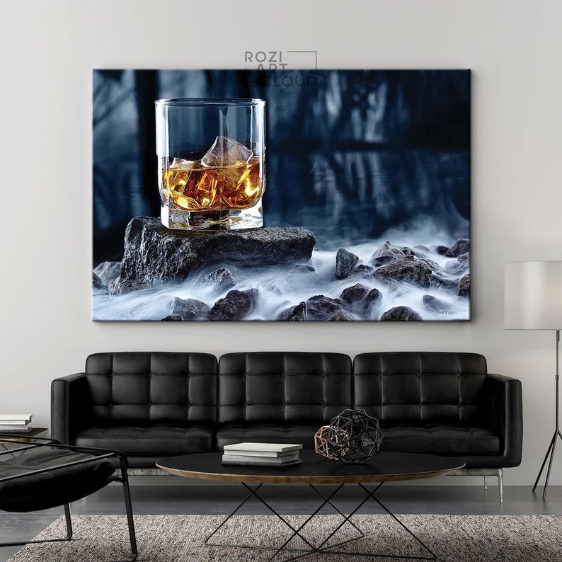 Man cave Whiskey glass wall decor poster prints, artwork for living room, kitchen interior decor, framed canvas prints, modern art