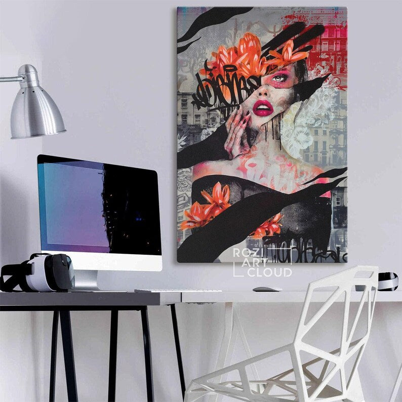 Fashion graffiti wall art, woman portrait prints, female model poster, feminist art decor, gifts for her, bedroom wall hangings