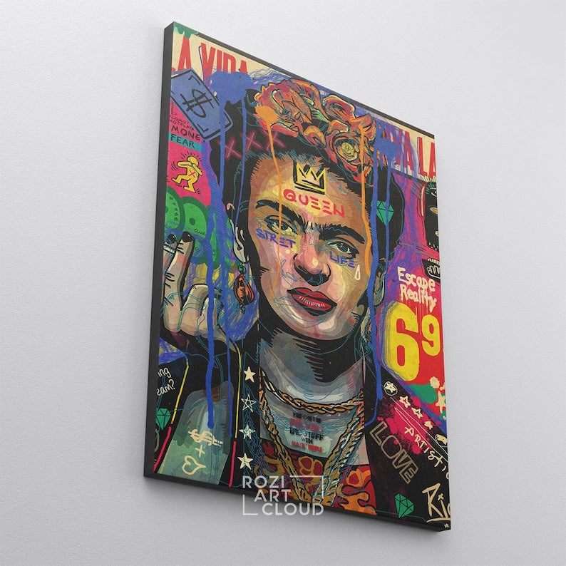Frida kahlo print, pop culture art poster, woman portrait wall decor, mixmedia style wall art, mid century modern framed canvas, extra large