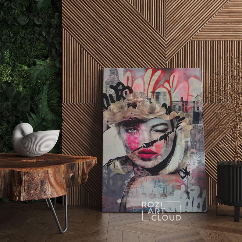 Woman pop art wall art print, mixed media art, feminist art poster, fashion model artwork, unique gifts, mid century modern art