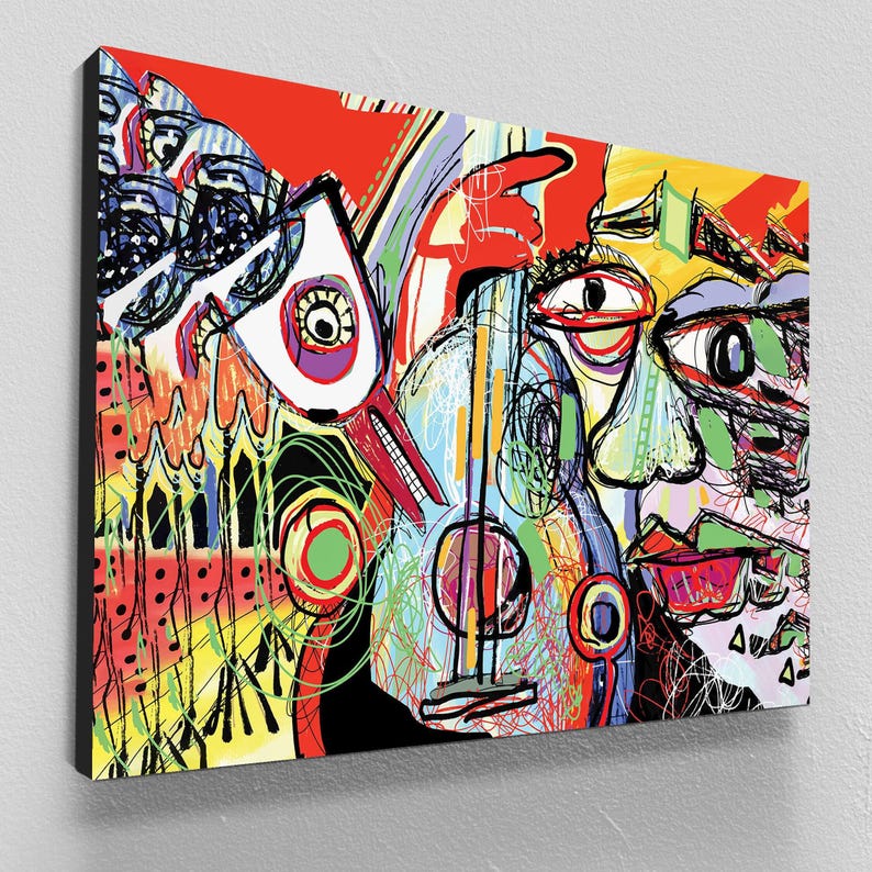 Pablo picasso style abstract wall art print, framed extra large modern contemporary art, mid century wall decor for living room,