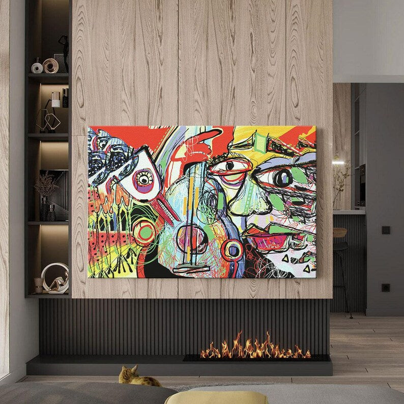 Pablo picasso style abstract wall art print, framed extra large modern contemporary art, mid century wall decor for living room,