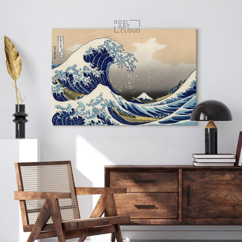 Hokusai art print, waves wall art, japanese canvas art, ocean wall decor, above bed decorations, seascape poster canvas, sunset art print