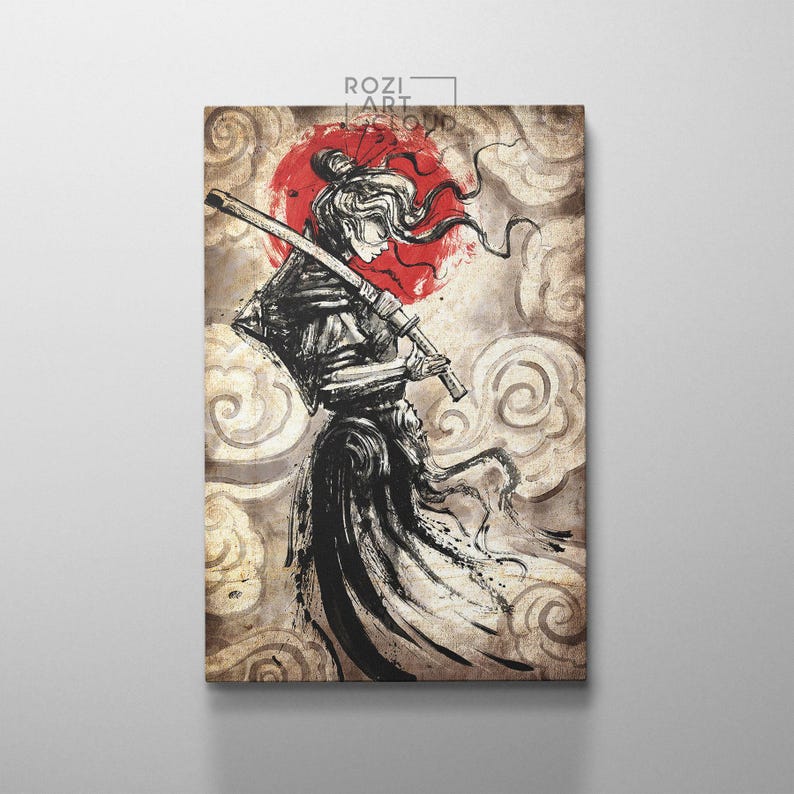 Japanese samurai girl, katana art prints, red and black illustration, vintage canvas art, modern wall art for living room