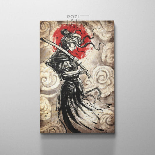 Japanese samurai girl, katana art prints, red and black illustration, vintage canvas art, modern wall art for living room