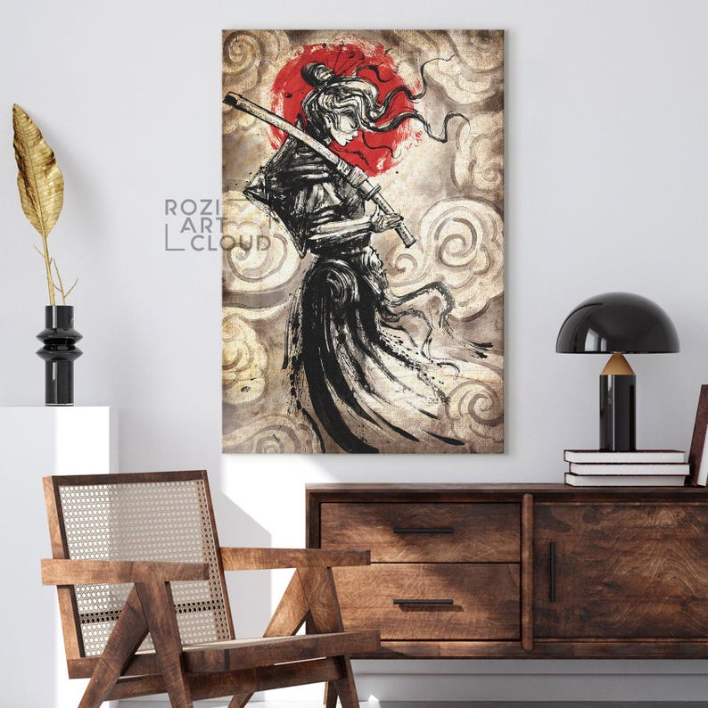Japanese samurai girl, katana art prints, red and black illustration, vintage canvas art, modern wall art for living room