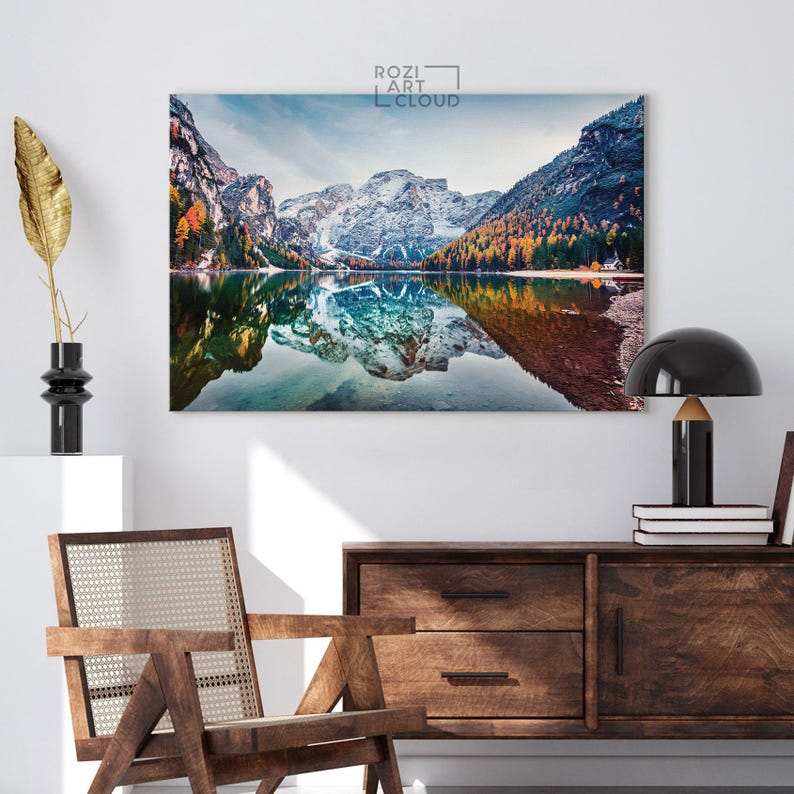 Mountain autumn wall decor, italy nature art prints, lake house decor, bedroom framed art, modern contemporary living room decor
