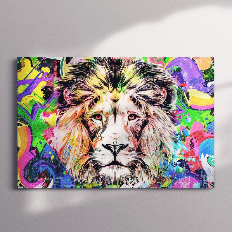 Lion abstract wall art, colorful canvas print, animal art print, large modern art, wall decor living room, best friend gifts
