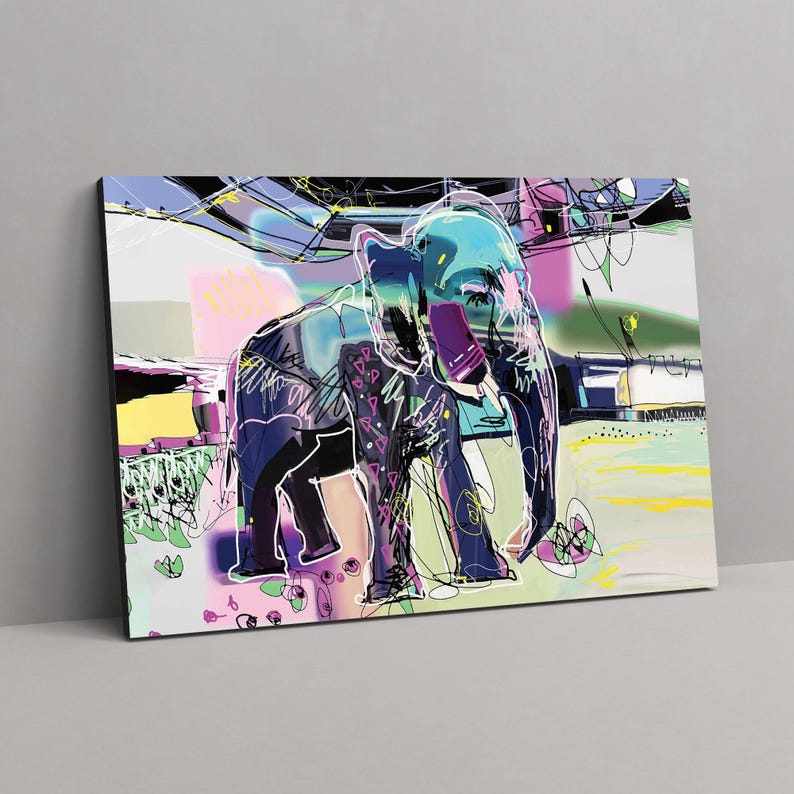 Elephant abstract wall art, graffiti art prints, large modern art, colorful canvas prints, wall decor living room, best friend gifts