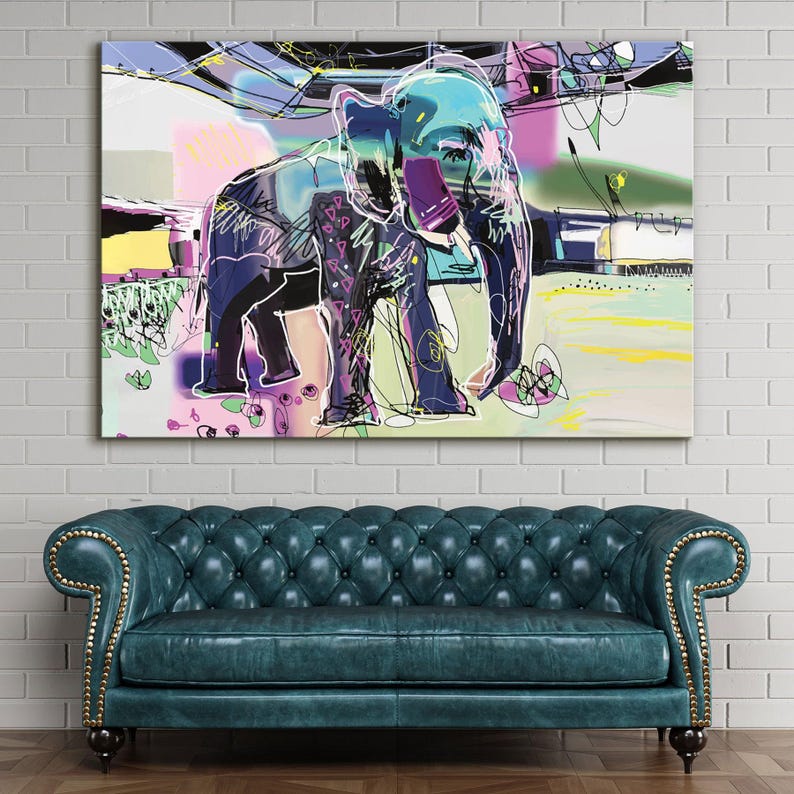Elephant abstract wall art, graffiti art prints, large modern art, colorful canvas prints, wall decor living room, best friend gifts