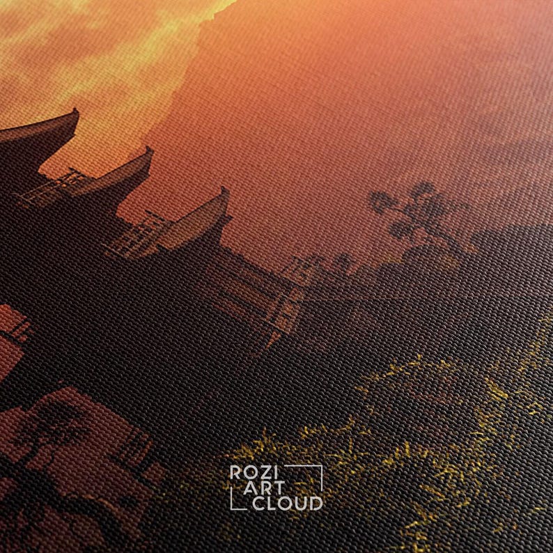 Chinese house wall decor, nature art print, mountain wall art, orange landscape canvas, contemporary living room decor, sunset art