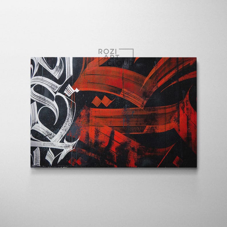 Abstract calligraphy street graffiti wall art, red black white print, luxury office interior design elegant bedroom decor trendy room prints
