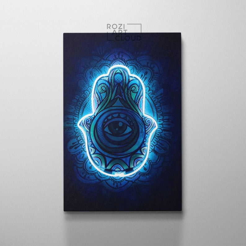 Neon sign hamsa wall art poster print, extra large spiritual decor, abstract blue lights prints, modern home decor