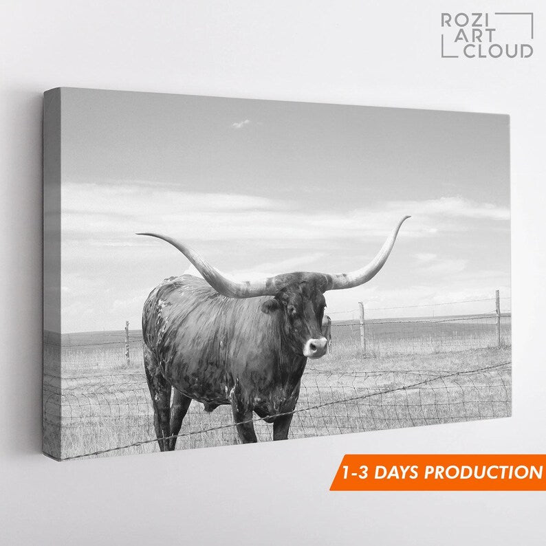 Texas cattle prints for bedroom, animal canvas art, modern home decor, black and white hanging, oversized wall art