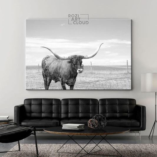Texas cattle prints for bedroom, animal canvas art, modern home decor, black and white hanging, oversized wall art