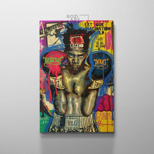 Boxer portrait print, graffiti wall art, street pop art canvas, mixed media art, vintage street art posters, teen room decor