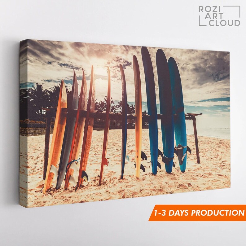 Beach wall art, surf art print, golden sun wall decor, summer modern artwork, landscape art canvas, large wall art for living room
