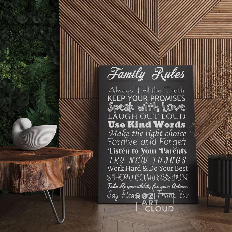 Family rules sign canvas, calligraphy wall decor, black and white art, kitchen interior decor, contemporary art print, home gifts