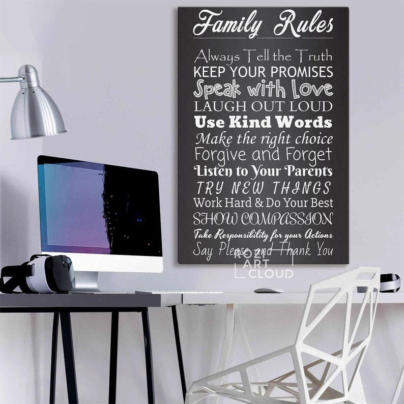 Family rules sign canvas, calligraphy wall decor, black and white art, kitchen interior decor, contemporary art print, home gifts
