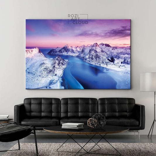 Mountain canvas wall art, norway nature art prints, sunset curve canvas, modern contemporary living room decor, bedroom framed art