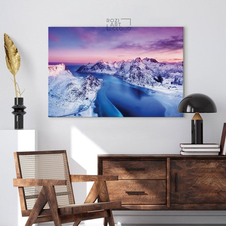 Mountain canvas wall art, norway nature art prints, sunset curve canvas, modern contemporary living room decor, bedroom framed art