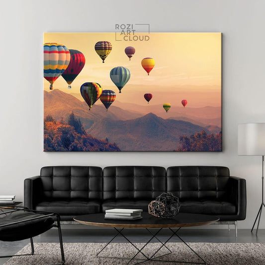 Cappadocia air ballon wall art, sunset mountain art canvas prints, modern contemporary living room decor, bedroom framed art