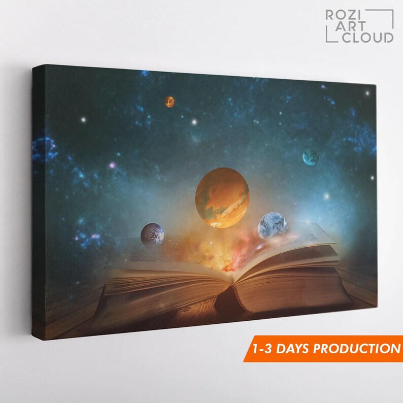 Knowledge magic book wall art, ready book lover space large wall art for living room, galaxy canvas prints, stars artwork