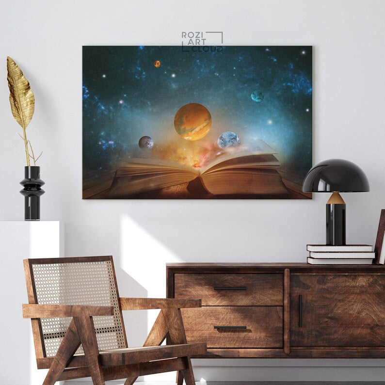 Knowledge magic book wall art, ready book lover space large wall art for living room, galaxy canvas prints, stars artwork