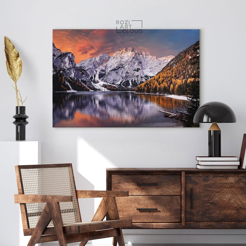 Mountain canvas wall art, sunset curve art prints, lake house decor, modern contemporary living room decor, bedroom framed art
