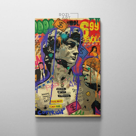 David statue renaissance by michelangelo, trendy graffiti street art, modern retro framed canvas print art, vintage banksy style