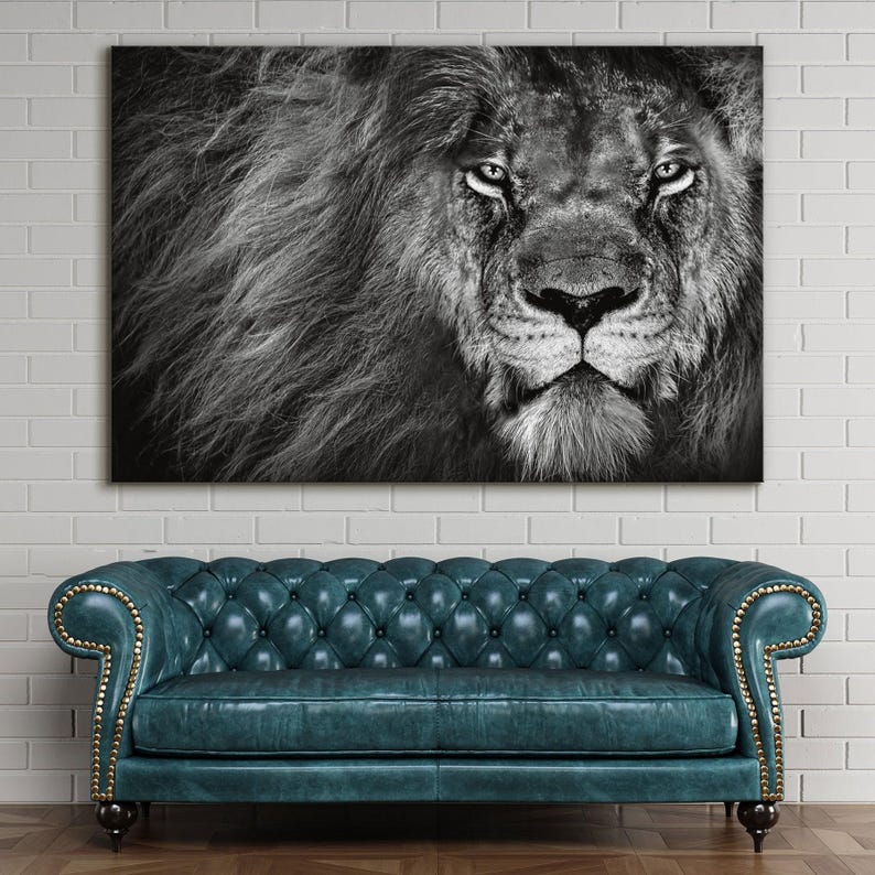 Lion wall art, black and white canvas print, elegant room decor, modern wall art for living room, animal art print, friend gifts