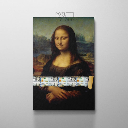 Mona lisa dollar pop art, street art canvas, modern mid century modern poster, framed canvas print for wall decor, man cave artwork