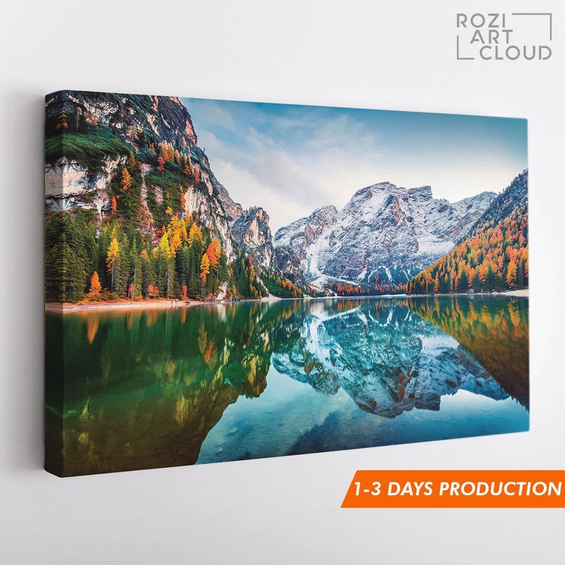 Mountain wall decor, autumn landscape canvas, italy nature art prints, modern contemporary living room decor, lake house decor