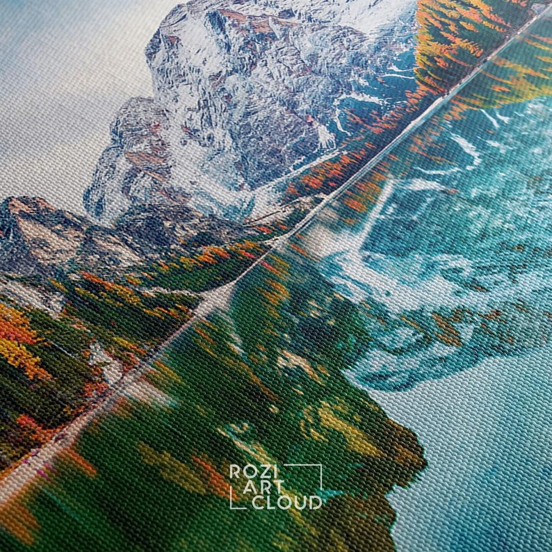 Mountain wall decor, autumn landscape canvas, italy nature art prints, modern contemporary living room decor, lake house decor