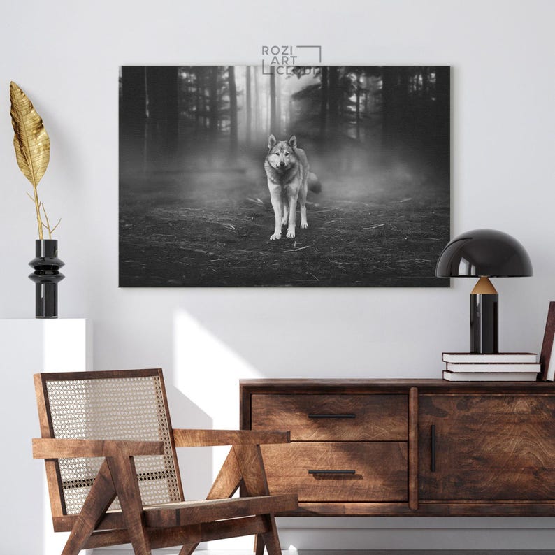 Wolf art prints, animal wall art, black and white canvas, full moon poster prints, modern wall decor for living room, home gifts