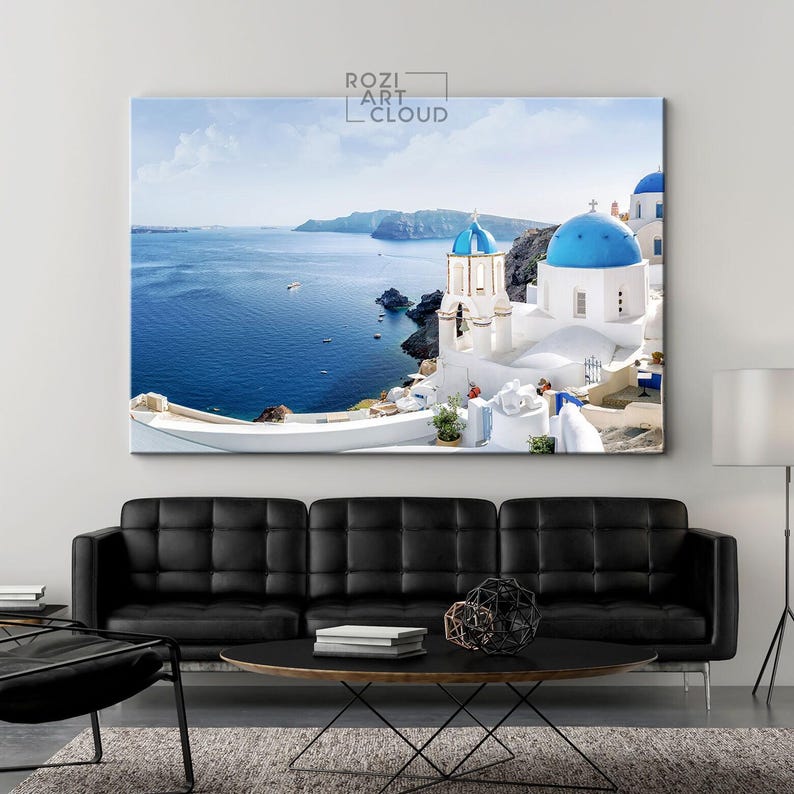Santorini island wall art, mediterranean sea poster prints, greece modern wall art for living room, architecture art prints