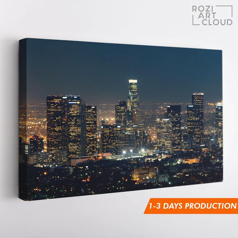 Los angeles skyline wall print for living room, california canvas art, city poster prints, night lights canvas, landscape prints